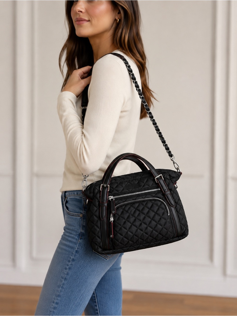 MZ Wallace Crosby Black Quilted Crossbody Shoulder Bag with 2 Straps and Pouch